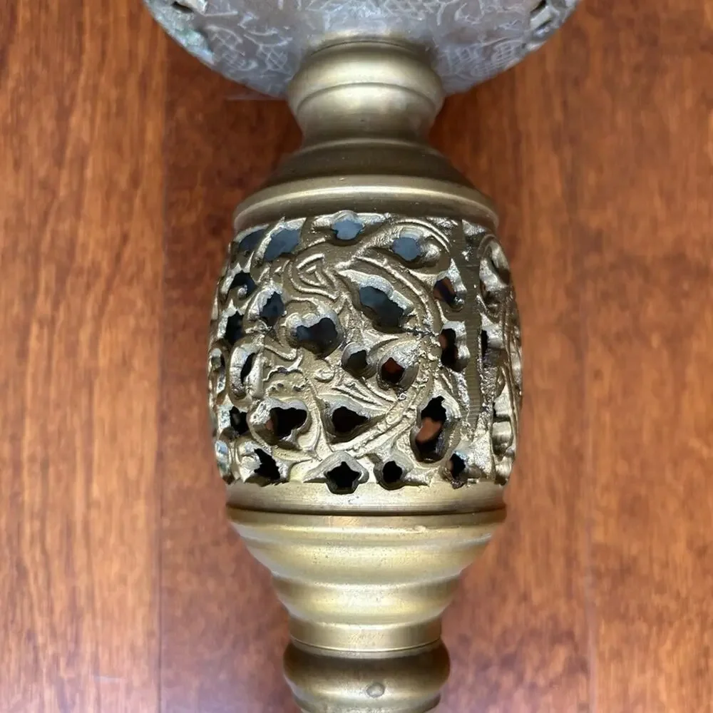 Vintage Oversized Moroccan Pierced Brass Candle Holders, Set of 2, Nice Patina